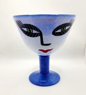 Kosta Boda Ulrica Hydman Vallien Blue Face Art Glass Goblet Vase Signed 8"